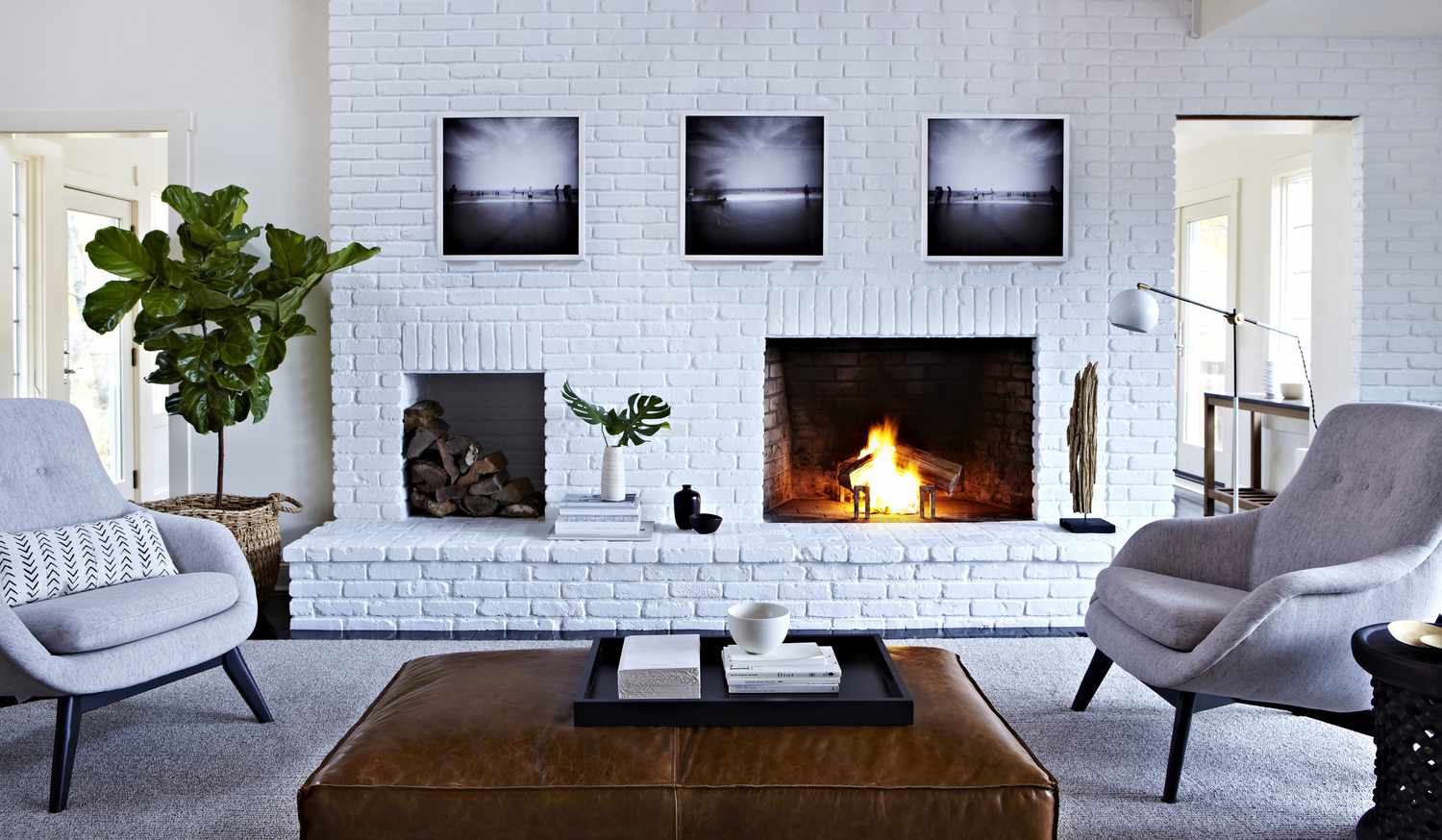 modern living room with white painted brick work