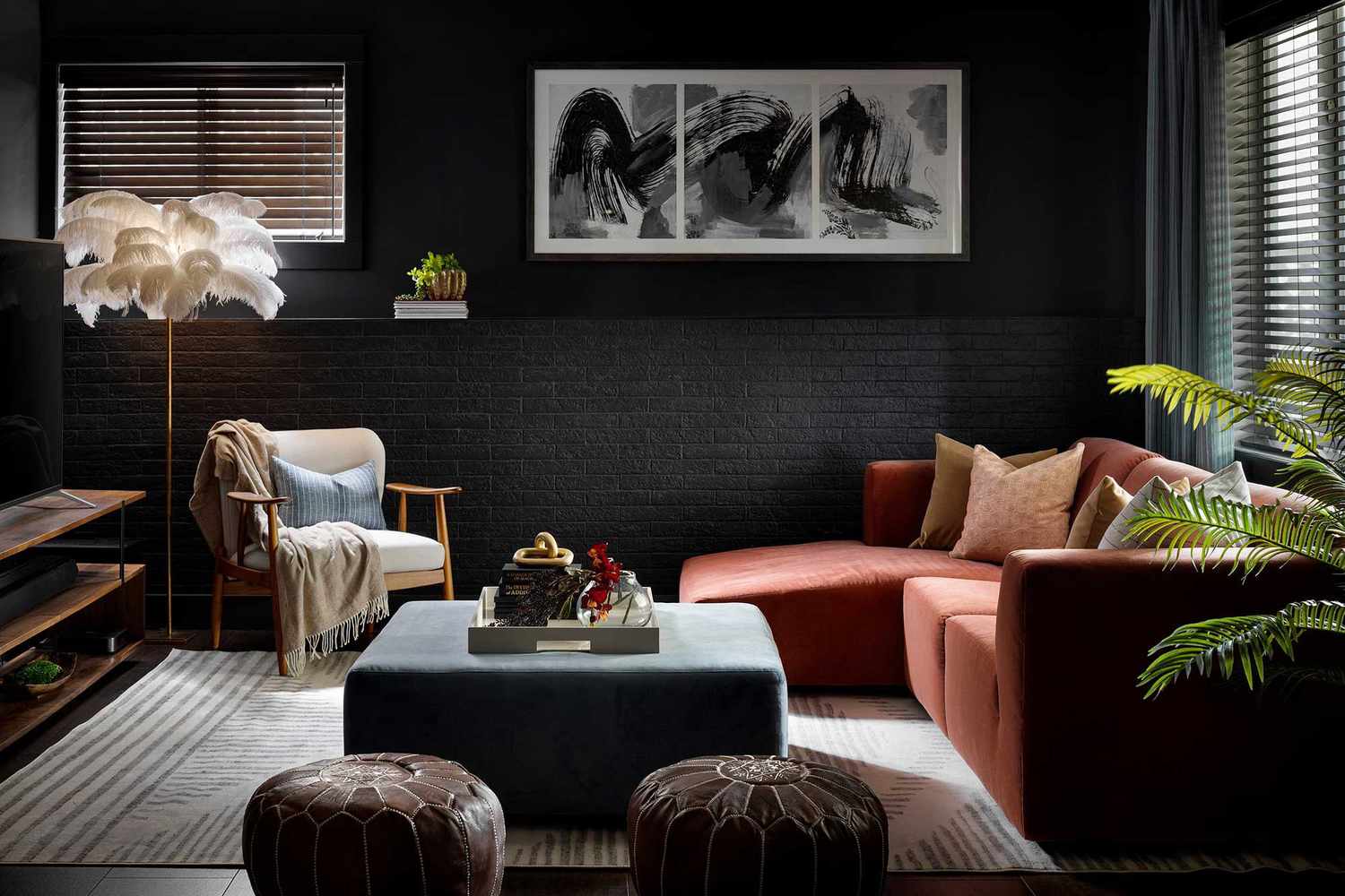 modern living room with black accent wall