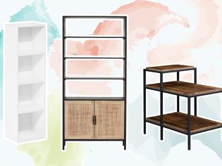 Different types of bookcases side by side on a colorful background