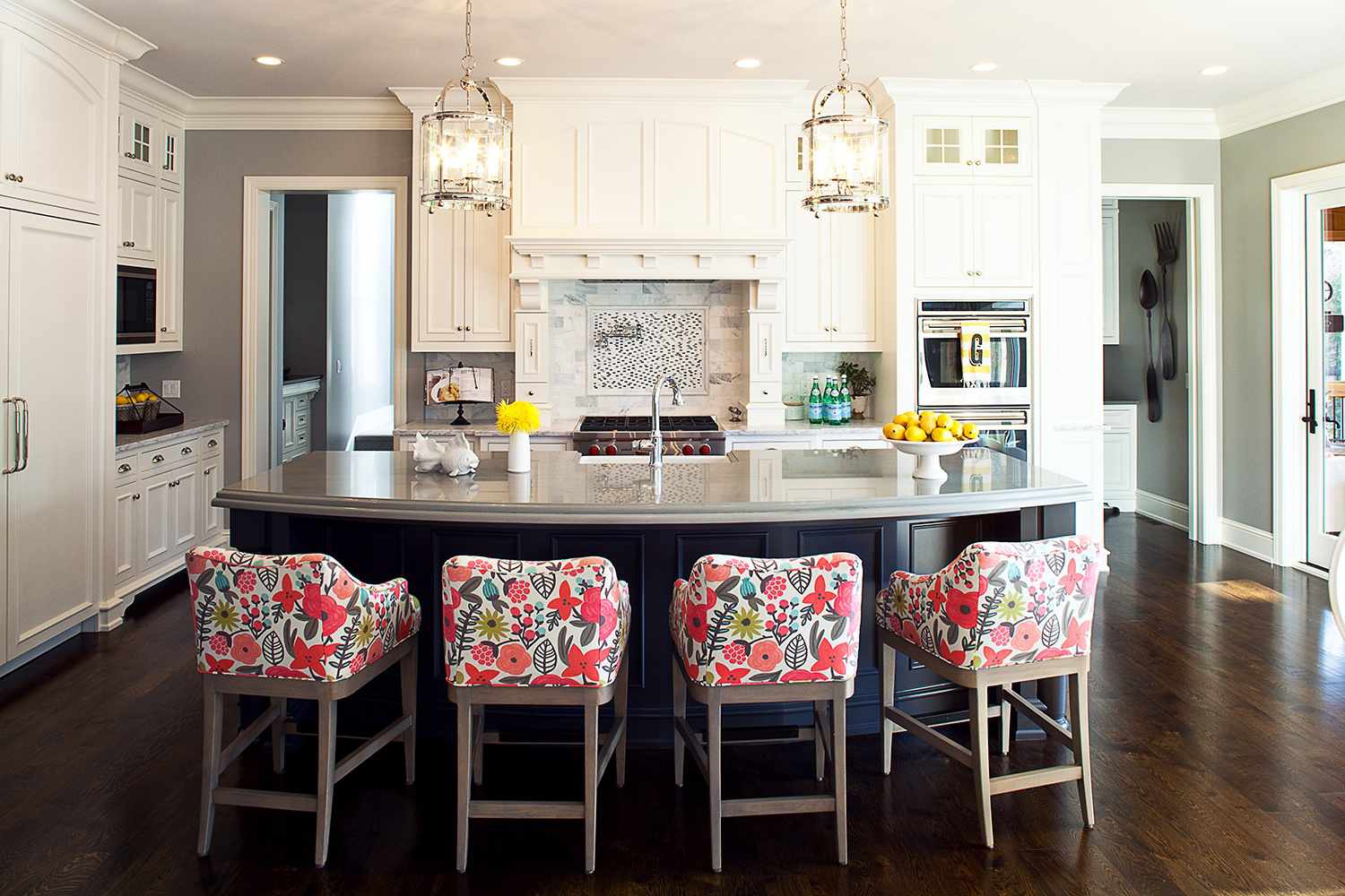 traditional kitchen with fabric stools