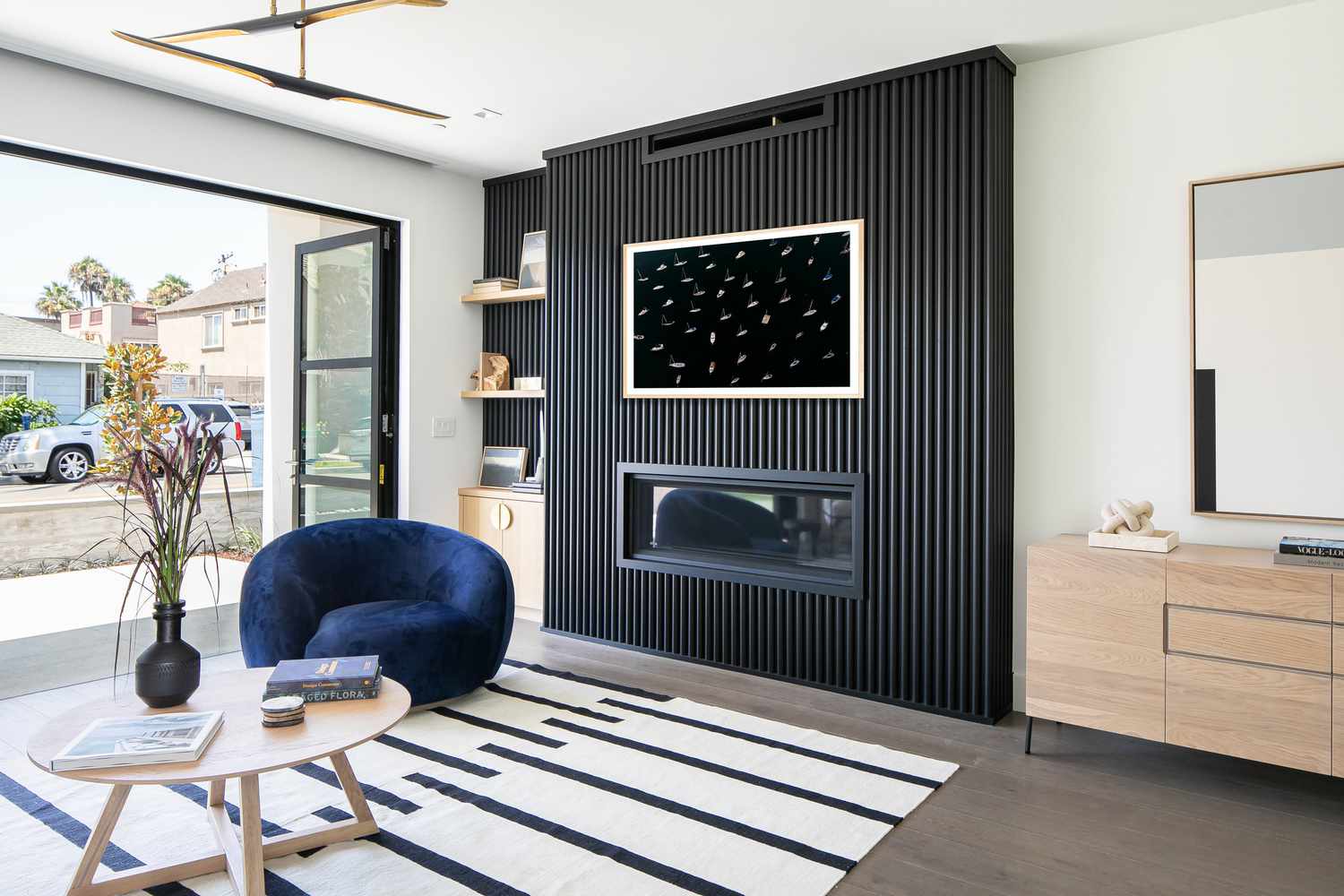 modern living room with black and blue accents