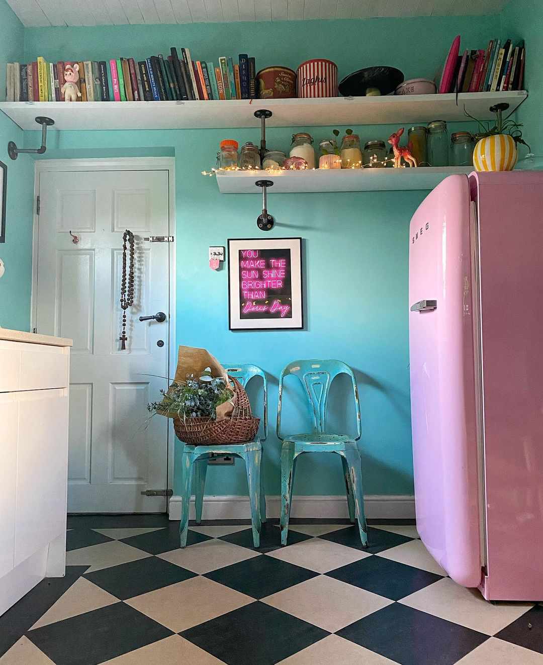 pink and turquoise kitchen