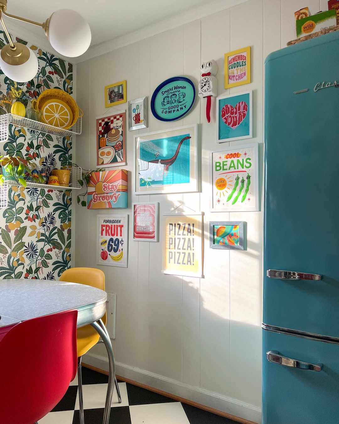 bright gallery wall in kitchen