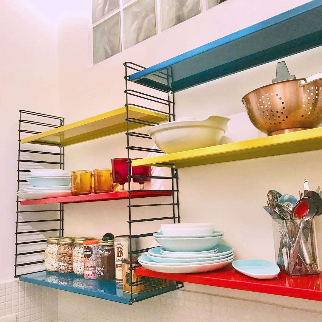 retro colored kitchen shelves