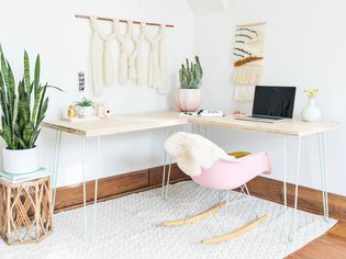 A hairpin L-shaped desk in an office