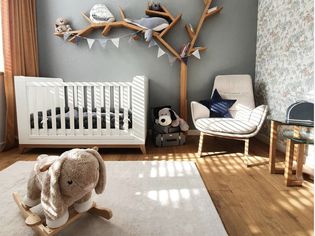 gray nursery with tree shelf