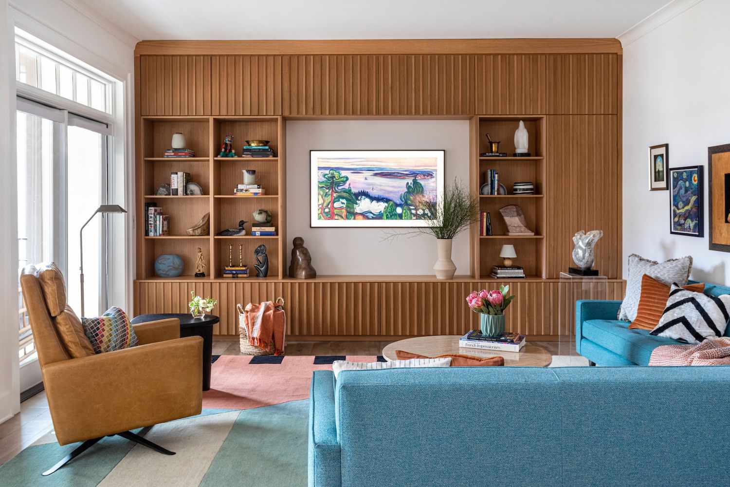 modern living room with wood slat accent wall