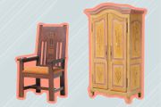 Furniture from the best places to buy vintage decor online collaged against blue striped background
