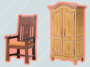 Furniture from the best places to buy vintage decor online collaged against blue striped background