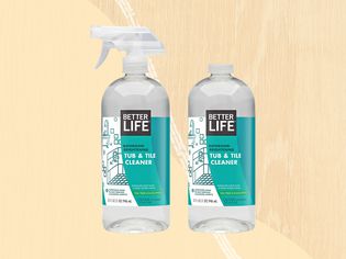Two bottles of Better Life Natural Tub and Tile Cleaner on a peach background