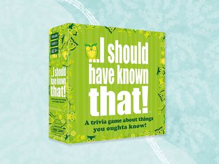 Hygge Games I Should Have Known That! Trivia Game collaged on a blue background