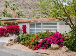 Midcentury modern home with colorful bushes and landscaping in front