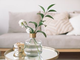 Flower stems in a glass vase on a small table
