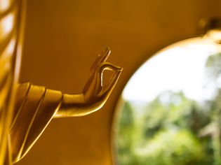 golden buddha statue with window in background