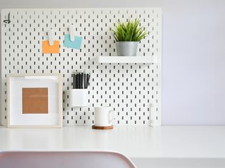A white pegboard with a plant and pens on a desk.