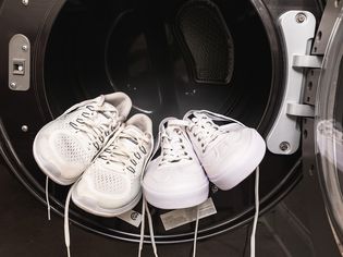 Front view of sneakers in the dryer