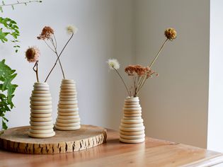 Wooden rings forming DIY vases folding dry flowers on thin stems