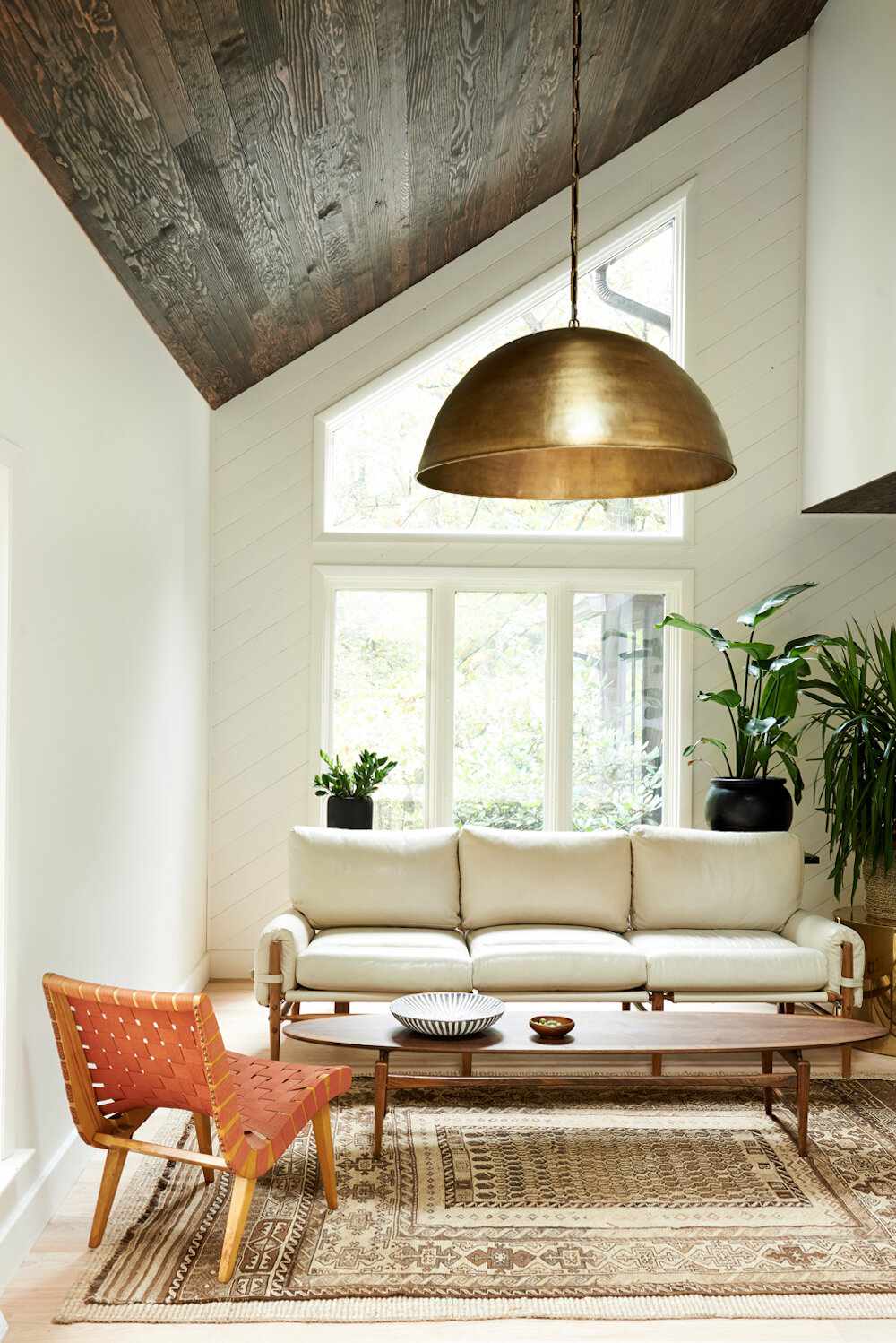 modern living room with large pendant light