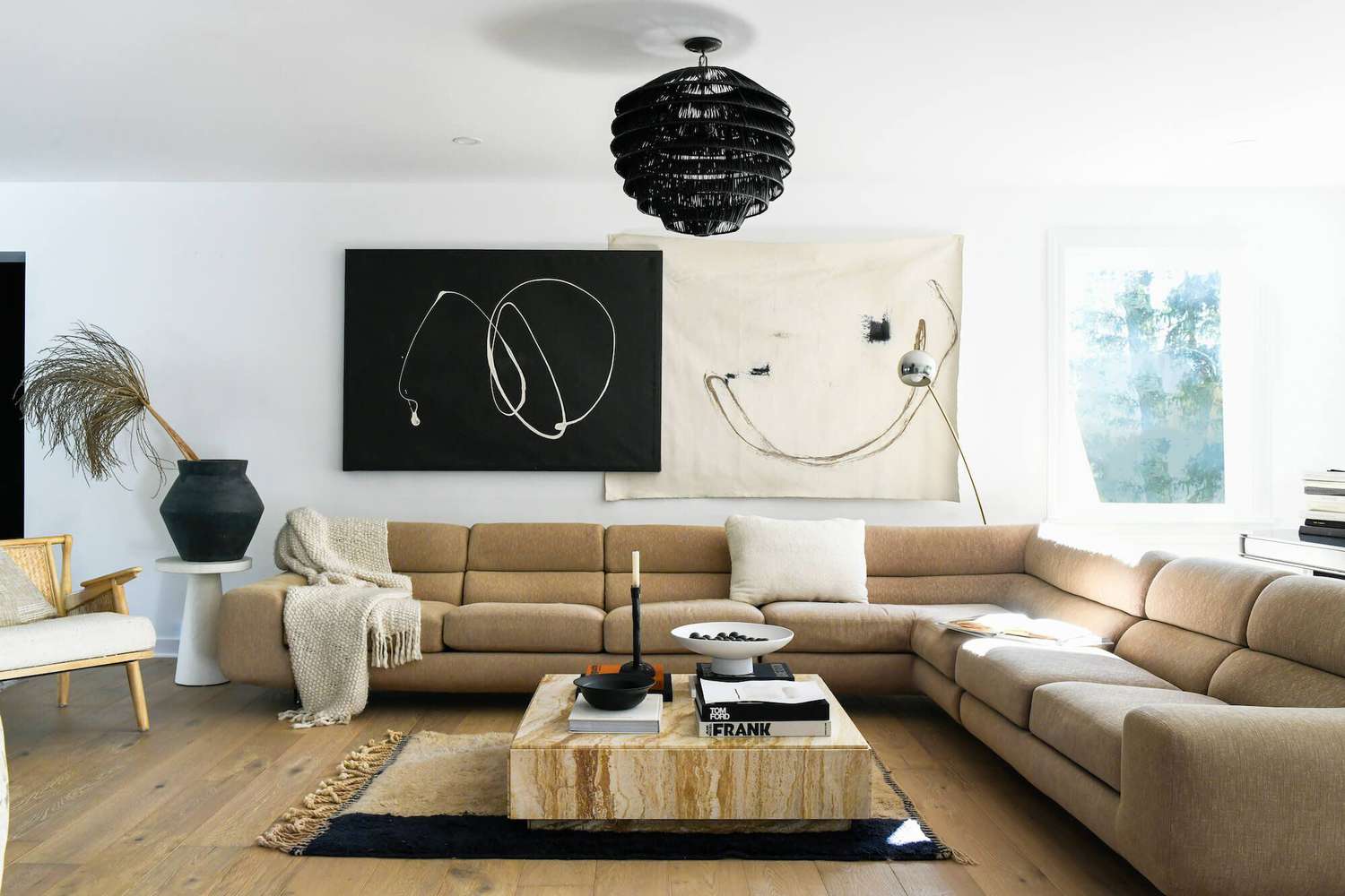 modern living room with overlapping artwork