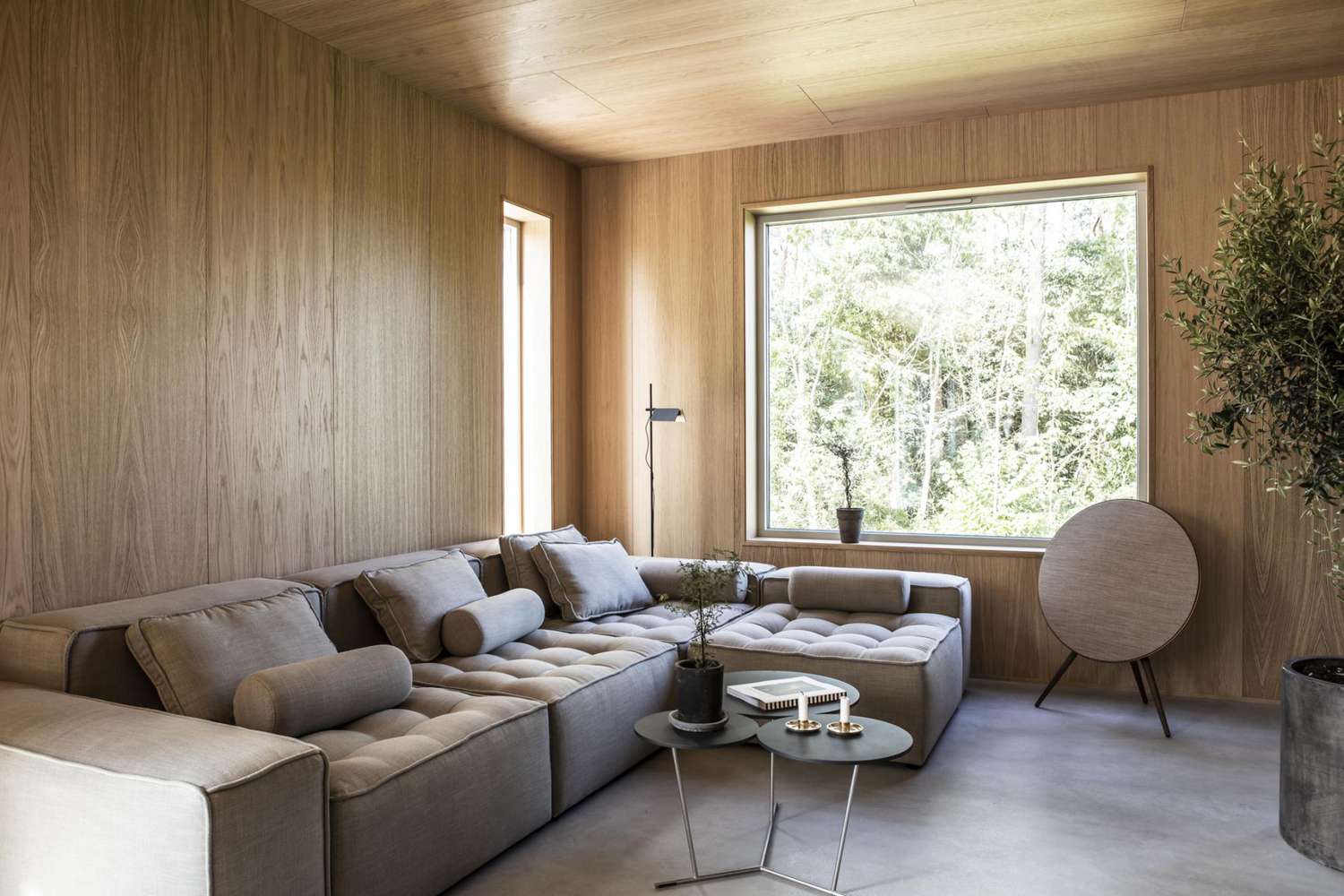 modern living room with wood paneling 