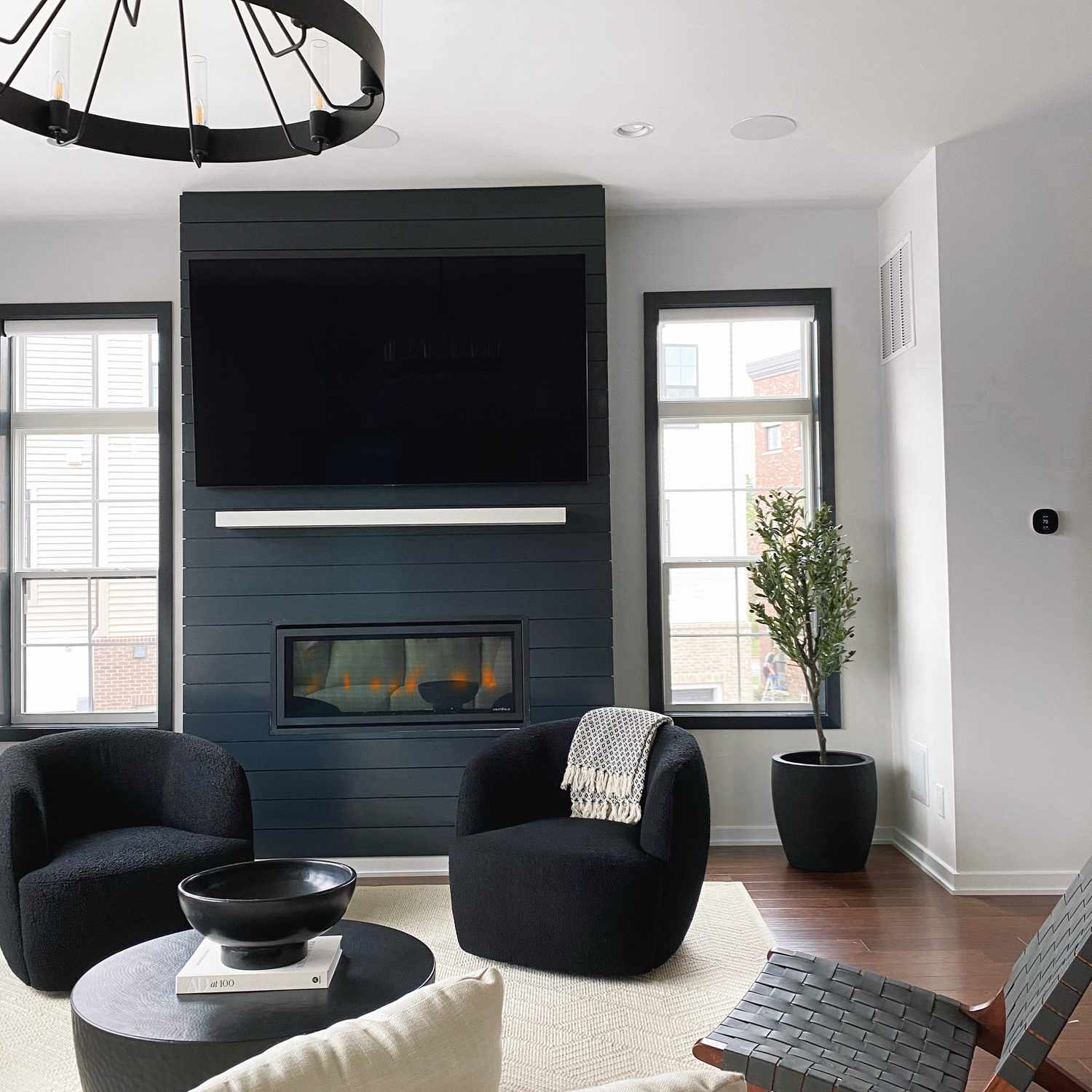 modern living room with navy fireplace