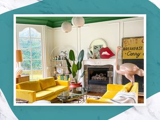 Colorful living room of interior designer Natalie Papier features huge pink ostrich