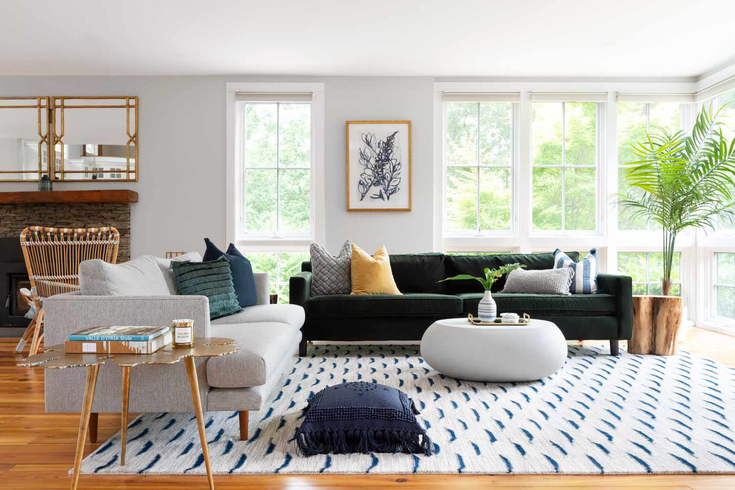 modern living room with green and blue accents