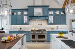 Blue Kitchen Cabinets with White Island