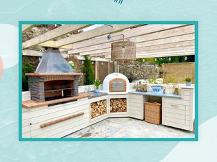outdoor kitchen with brick oven, pergola and more