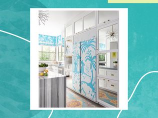 Interior designer Courtnay Tartt Elias designed this kitchen around a paneled fridge decorated with a blue and white tropical design
