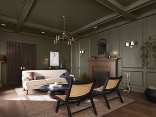 Large living room painted in Dutch Boy Paints color of the year - Ironwood.