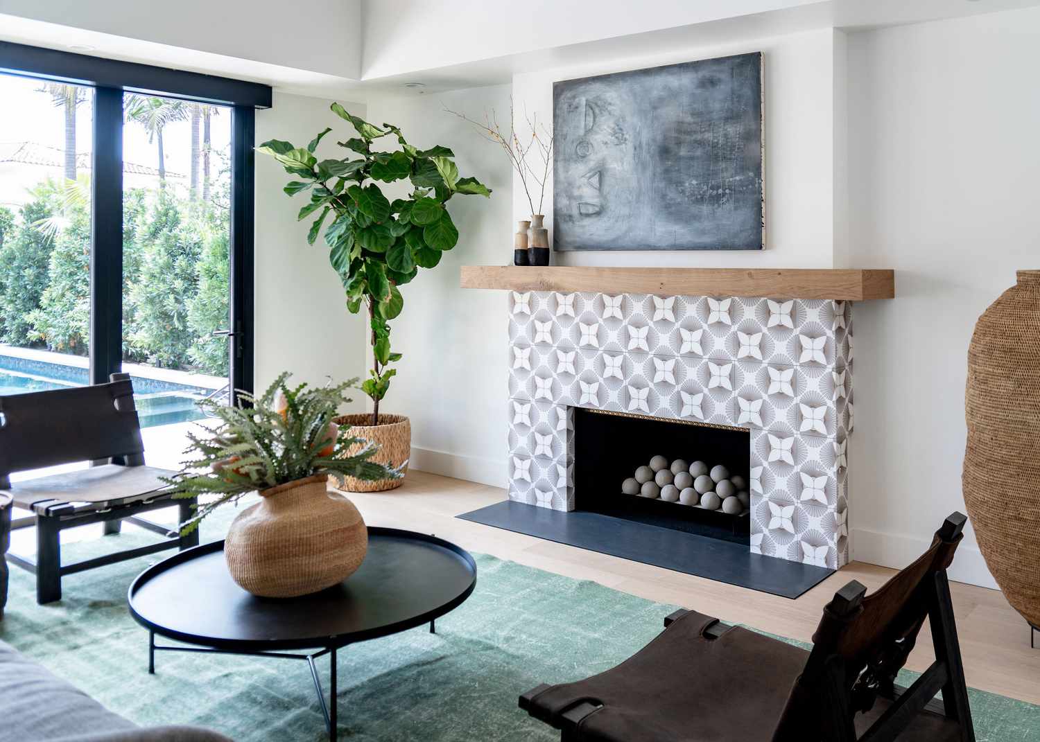 modern living room with tiled fireplace