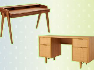 Two desks from some of the best places to buy desks on a patterned background.
