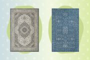 Tan and Blue area rugs with green and blue background