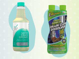 Best shower drain cleaners collaged against colorful blue and green background