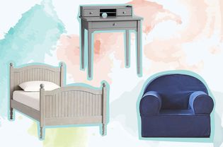 Collage of kids furniture on a colorful background