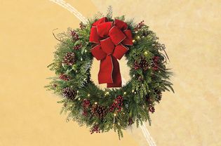 A holiday wreath we recommend on a yellow background