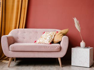 bold accent wall and pink sofa