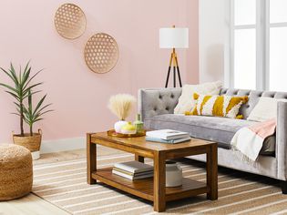 Blush pink accent wall in a living room