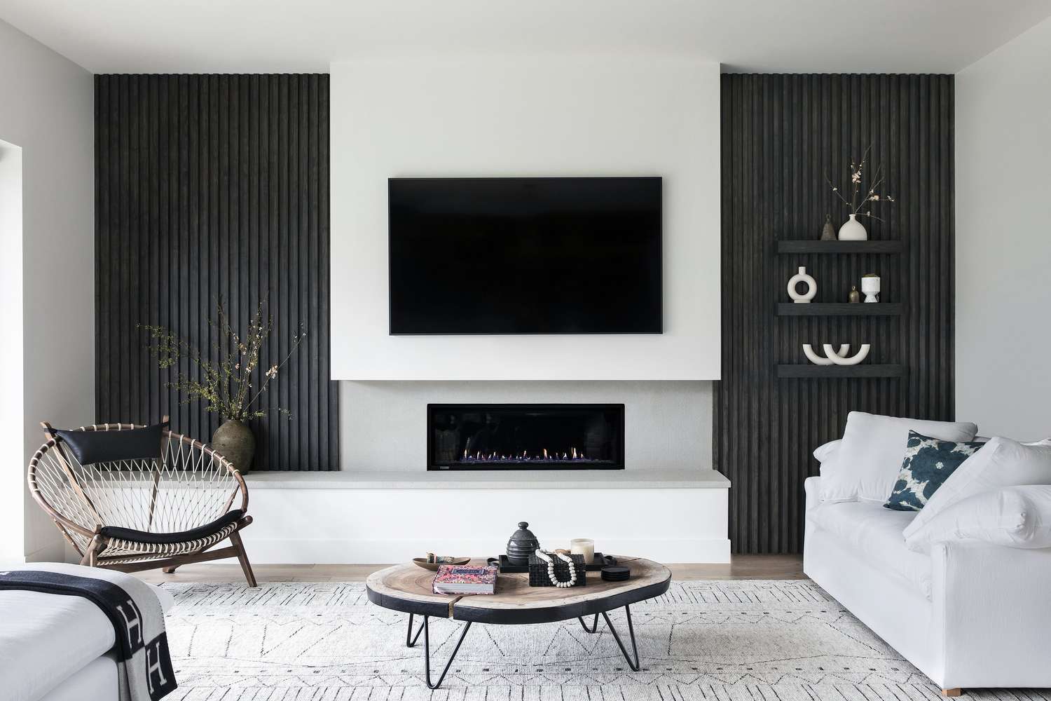 modern living room with black and white palette
