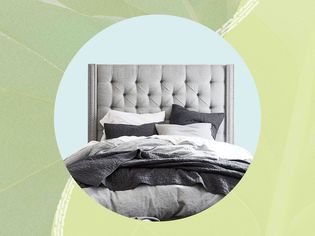 Collage of a bed with a gray headboard on a green background