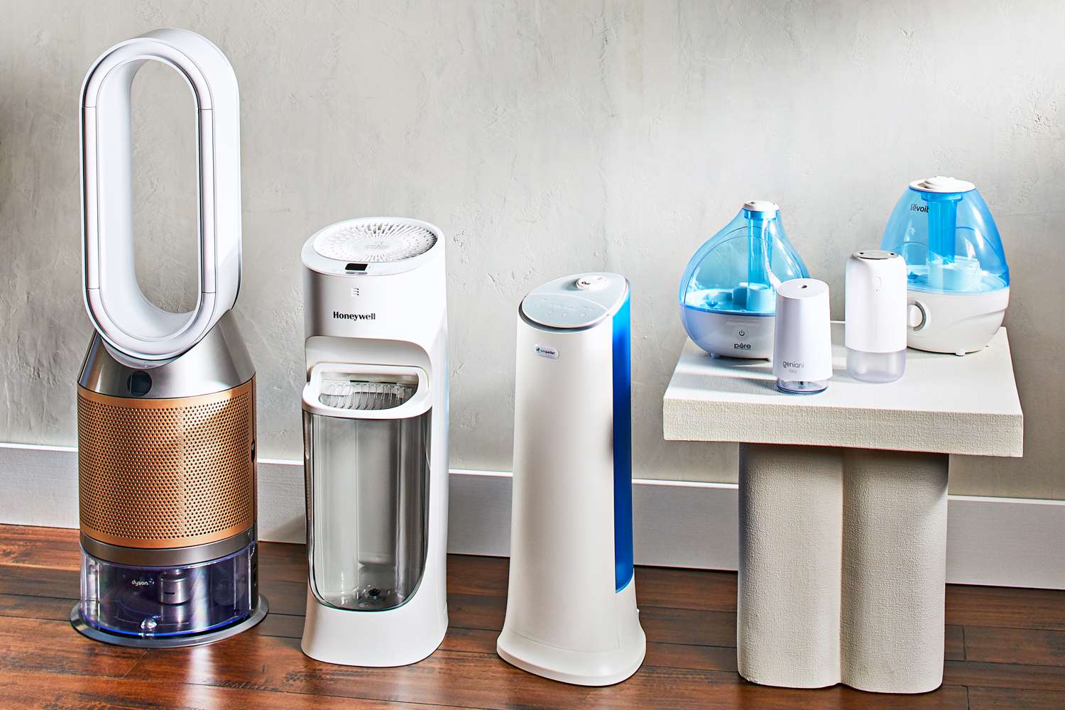A group of humidifiers in various shapes and sizes
