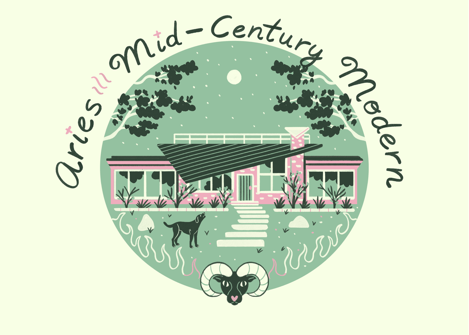 An illustration of a mid-century modern house for a aries