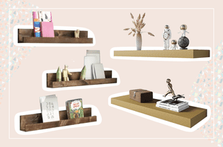 A variety of decorated floating shelves on a pink background