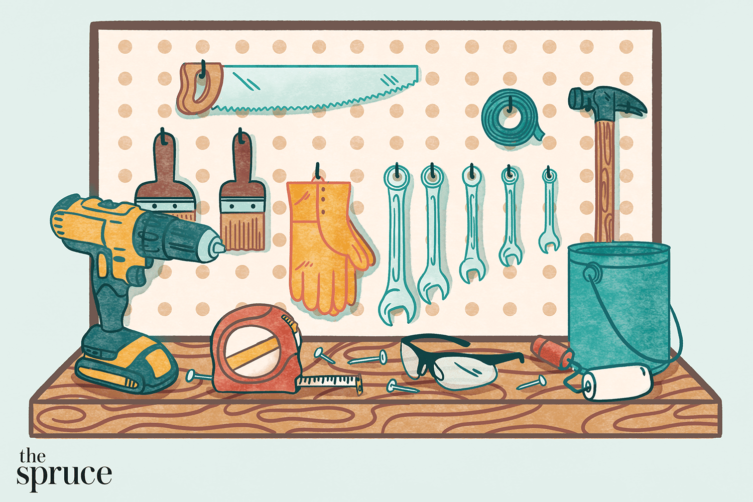 Tools on a pegboard mounted above a work station
