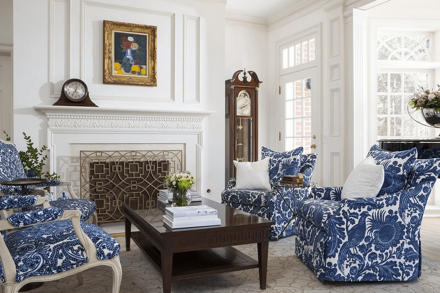 Traditional blue and white living room