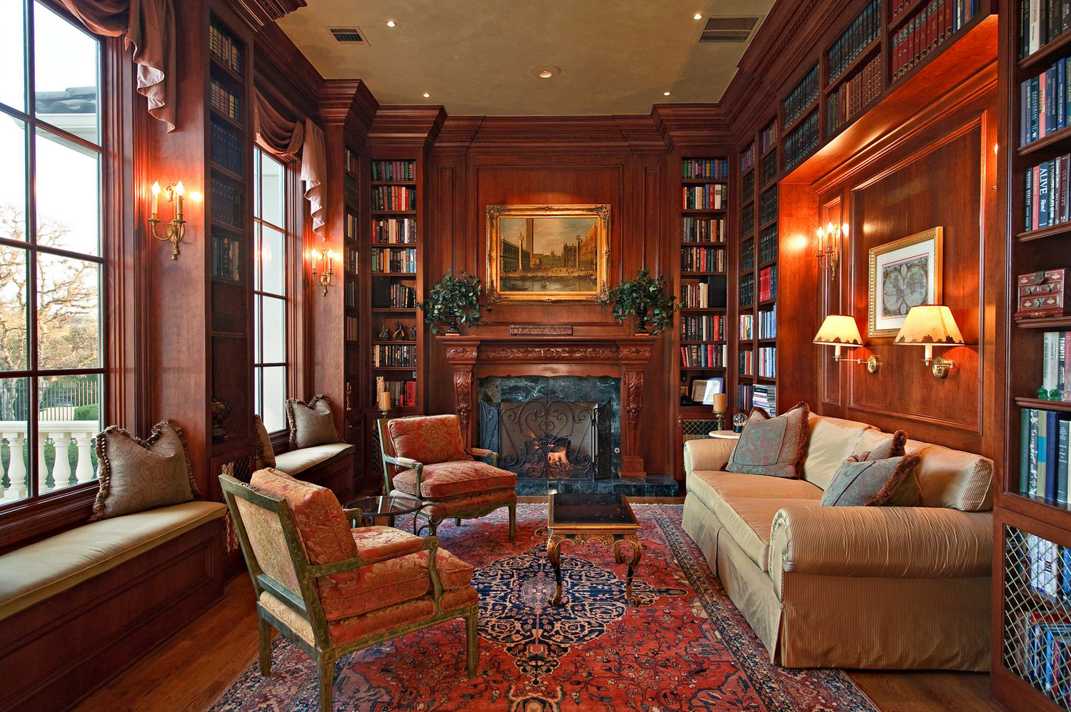 Traditional living room with wood paneling